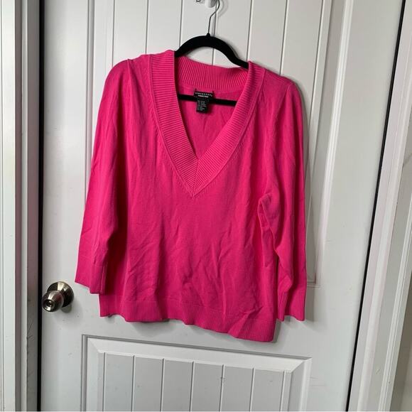 DonCaster hot pink plunging V neckline barbie core sweater‎ size XL - Picture 2 of 6